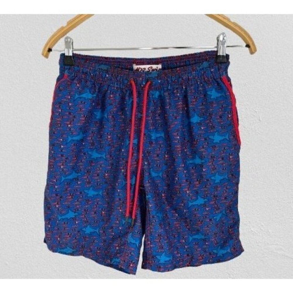 Mr. Swim Size Small Swim Shorts Blue Red Fish Liner Above Knee